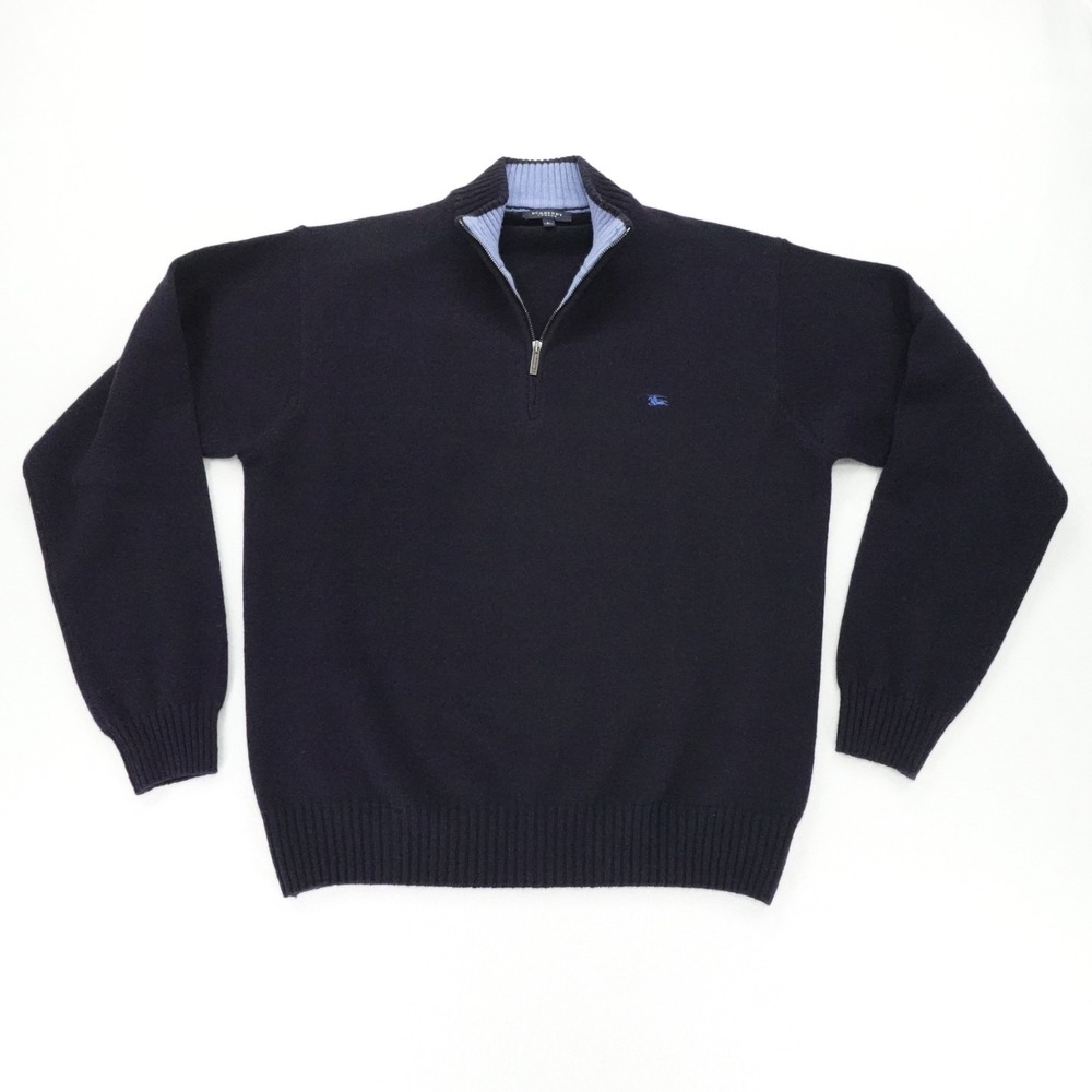 Burberry London Sweater Mens Large Blue Lambswool Quarter Zip Made Italy Luxury